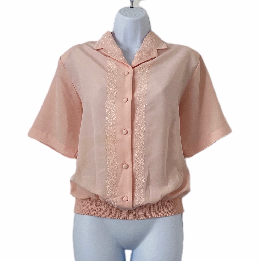Vintage Yves St. Clair Peach Embroidered Button-Up Blouse Shoulder Pads Shirt 8